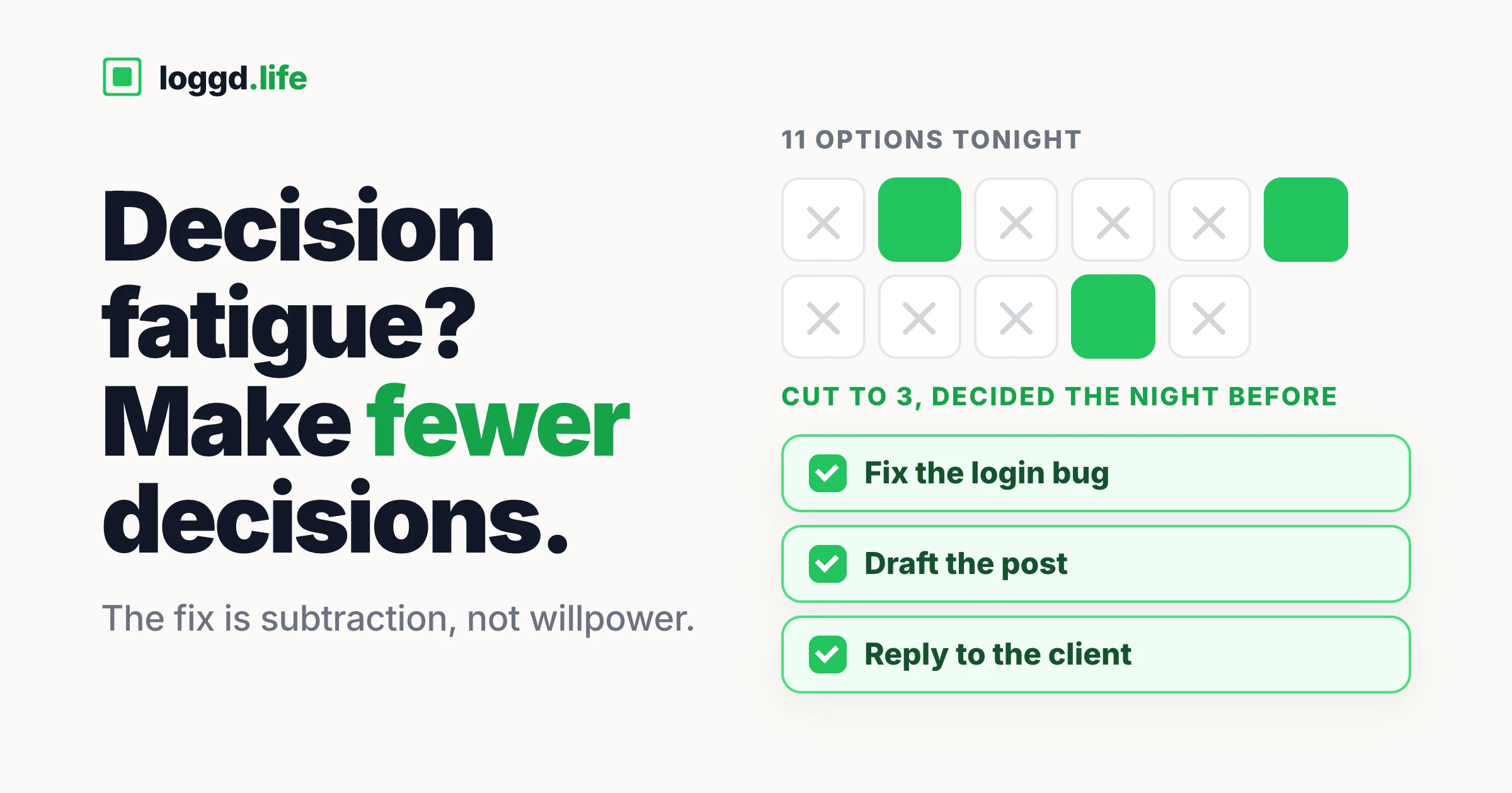 Eleven option tiles, eight crossed out, cut down to three tasks decided the night before.